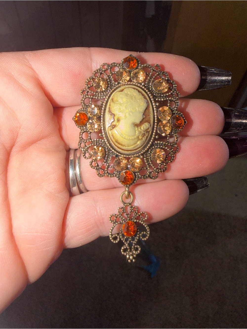 Antique-Style Amber Cameo Brooch with Dangle